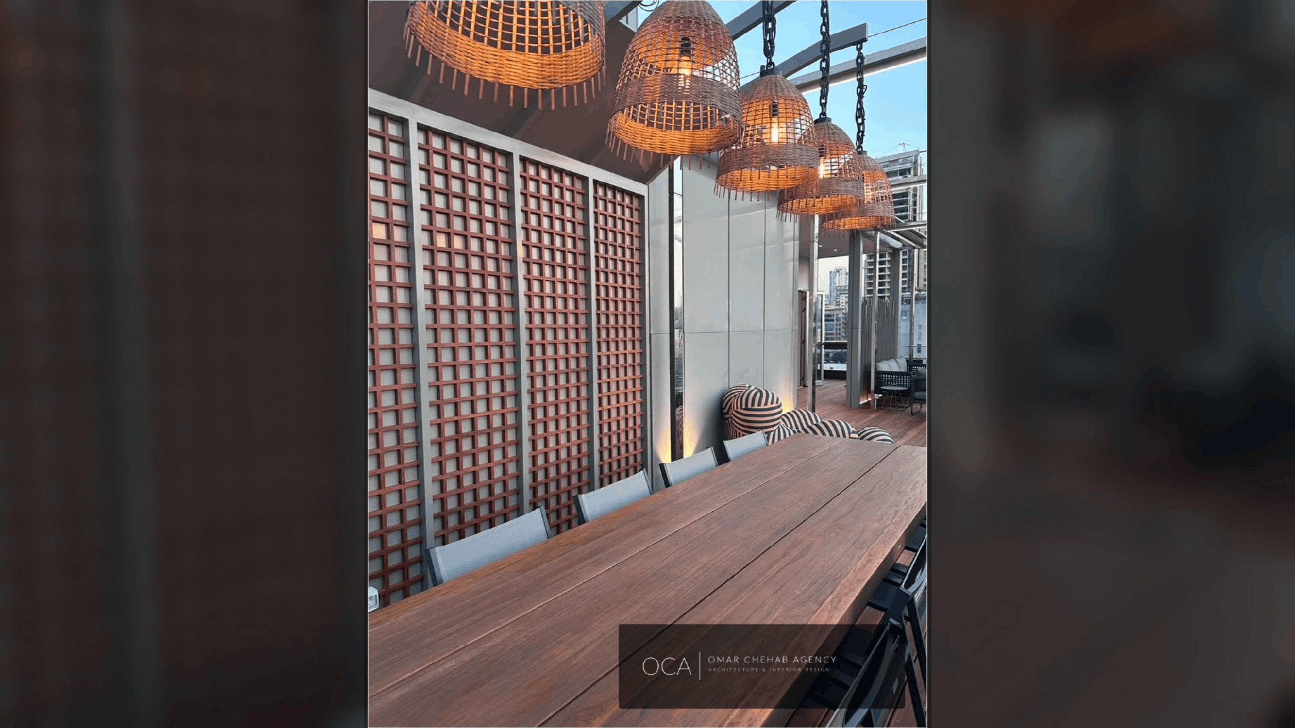 Outdoor terrace with dining area and architectural details